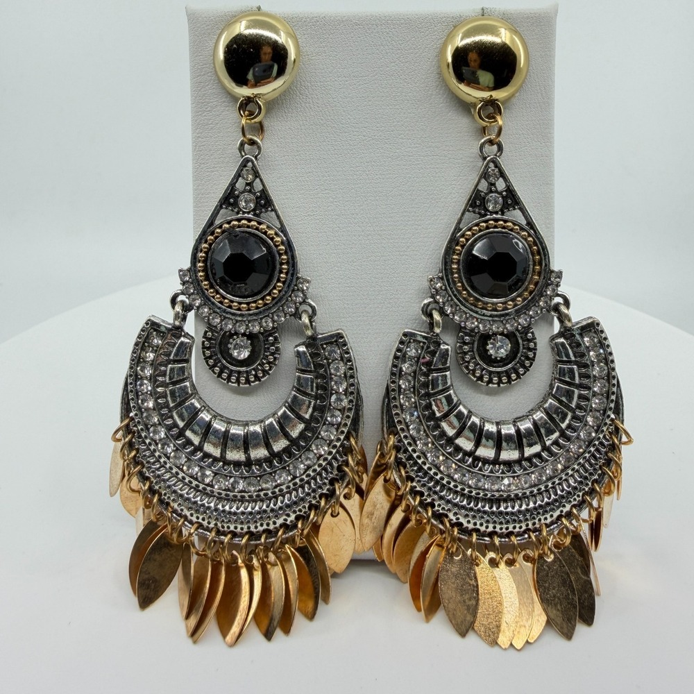 Statement Bohemian Gold & Silver Tone Black Crystal Dangle Drop Earring Festival